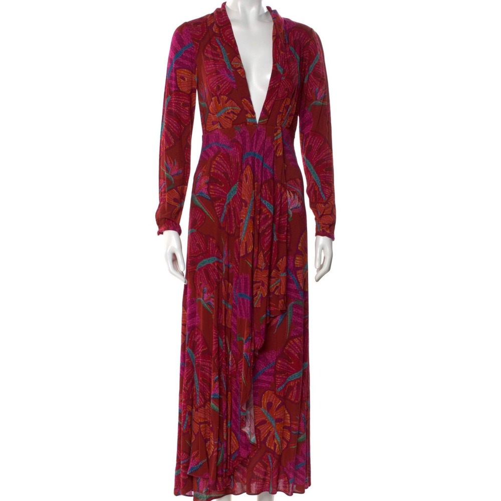NWOT FARM Rio Red Tropical Leaf Print Deep V-Neck Long Sleeve Maxi Boho Dress XS